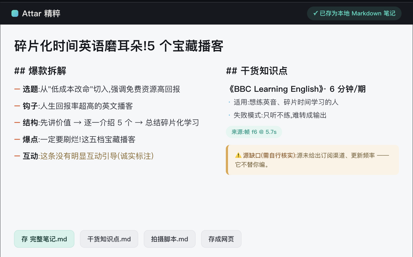 Attar 生成的笔记样张：自动转写 + 五维拆解 + 画面识别的本地 Markdown 笔记